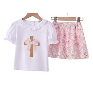 Girls Pink Toile Cross Christian Set White Ruffle Top Easter Baptism church sz 3